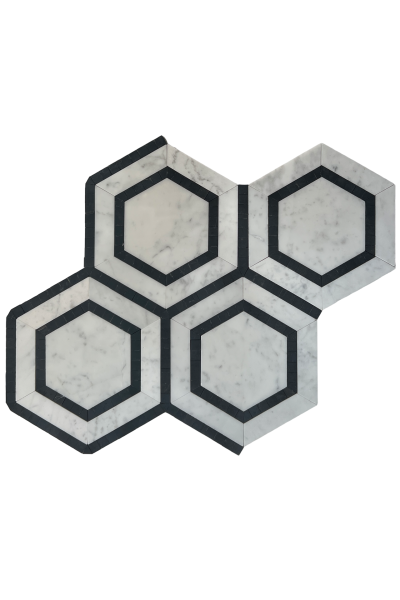 HEXAGON CARRARA + NERO BORDER HONED