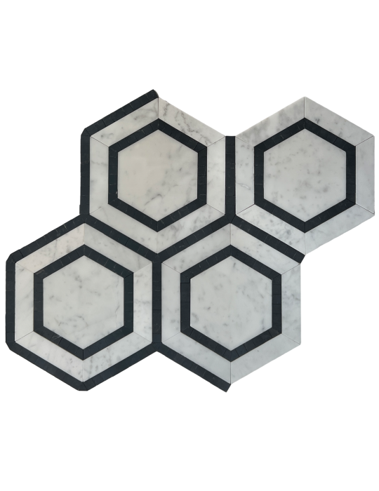HEXAGON CARRARA + NERO BORDER HONED