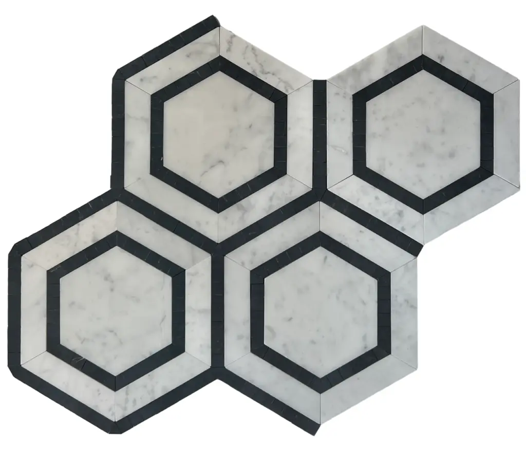 HEXAGON CARRARA + NERO BORDER HONED