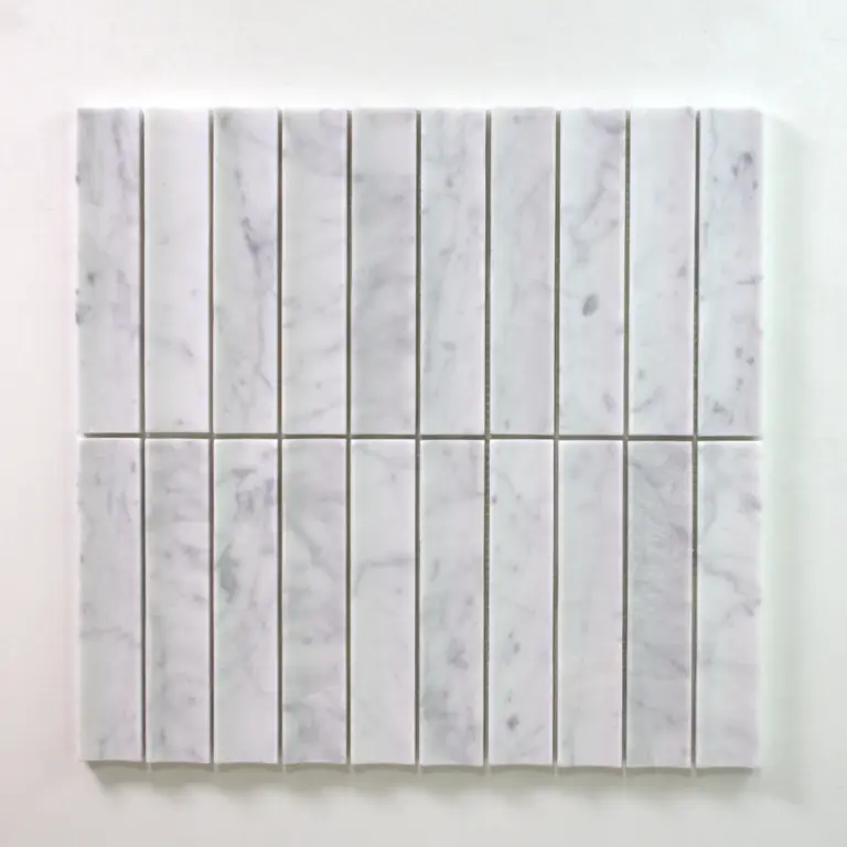 White marble mosaic tile sheet with vertical rectangular tiles arranged in a two-row grid, showing grey veining throughout.