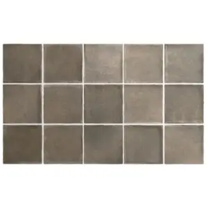 Grid of 15 square brown-gray ceramic tiles arranged in 3 rows and 5 columns, with subtle color variations and white grout lines.