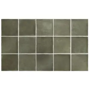 Olive-green square tiles in a 5-by-3 grid with light grout lines.