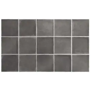 Dark gray square tiles arranged in a 5 by 3 grid with light grout between them