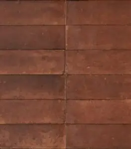 Close-up of brown brick tiles with a vertical seam down the middle and visible grout lines behind a weathered finish.