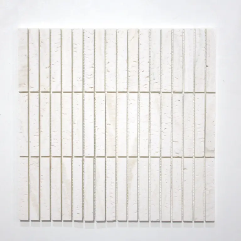 Abstract wall art of narrow white textured tiles arranged in a grid.