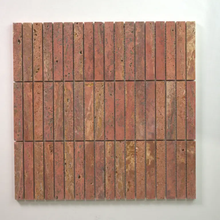 Panel of pink-red brick tiles arranged in a neat grid on a white wall.