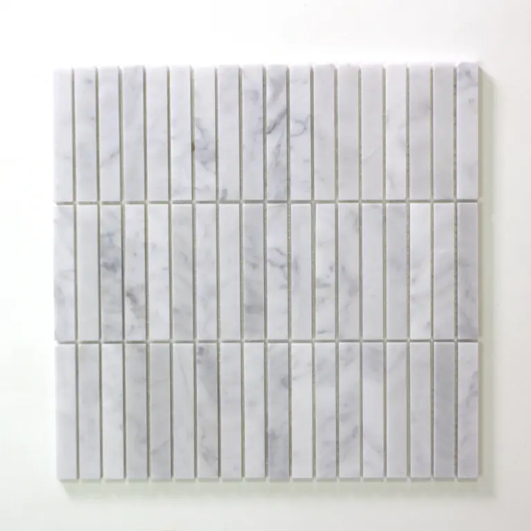 Mosaic tile sheet of narrow white marble strips arranged in a grid with subtle gray veining.