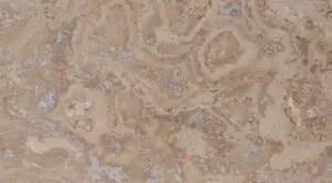 Close-up of a beige, weathered rock surface with brown and gray patches and swirled patterns.