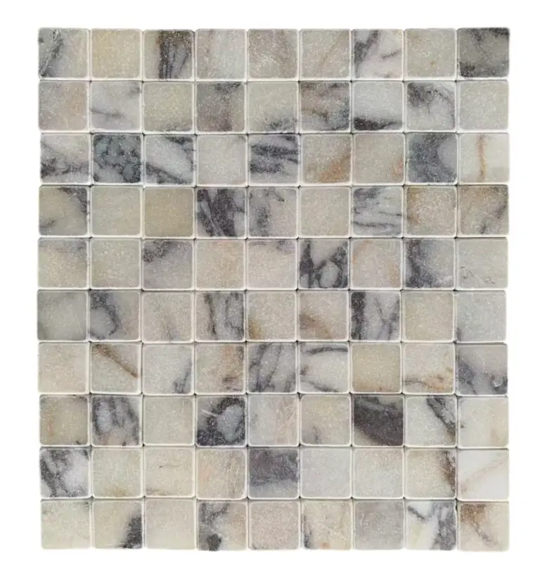 Close-up of a square marble tile mosaic arranged in a grid, with neutral gray, white, and beige tones and subtle veining.