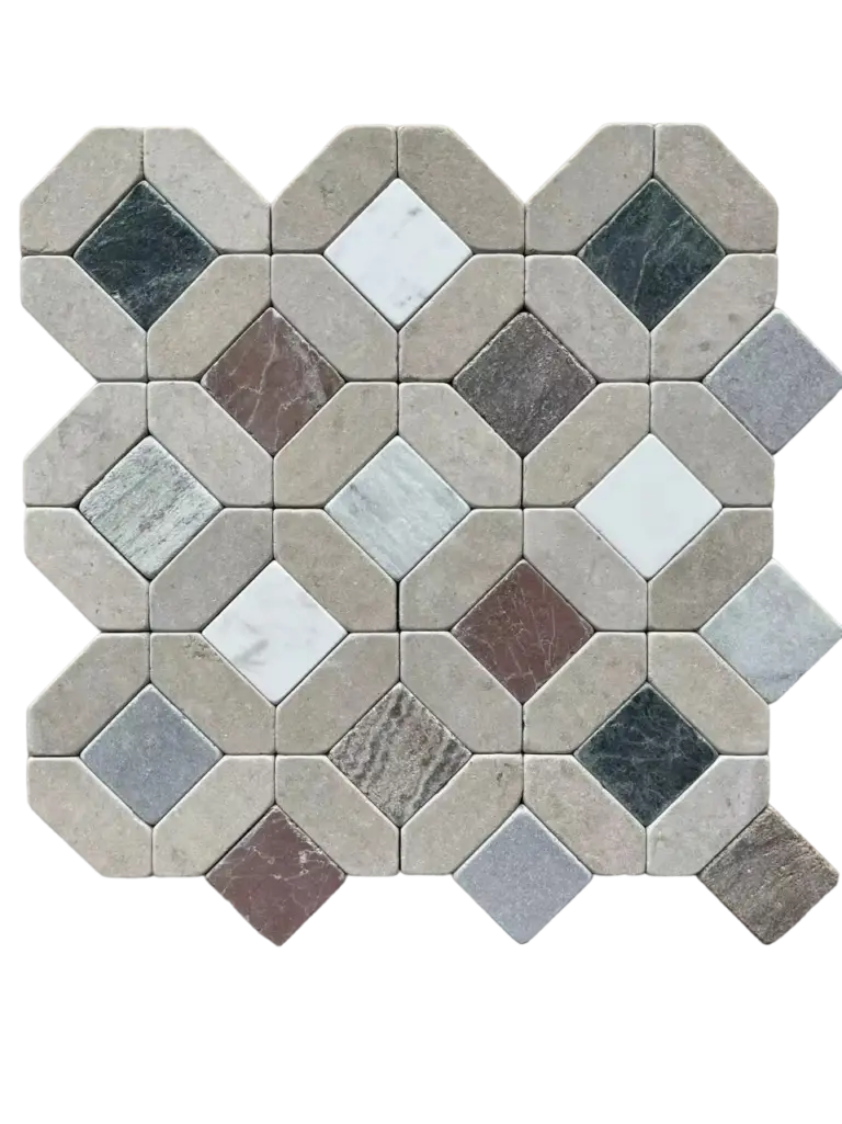 Patterned stone paver sheet with beige square blocks and diamond inlays in white, gray, and colored marbles on a black background