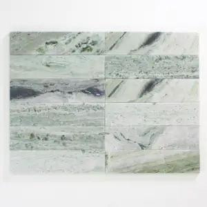 Rectangular pale green marble tiles arranged in a 4x4 grid on a white background, forming a mosaic panel with natural veining in greens and grays.