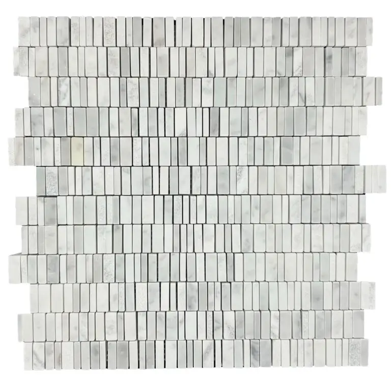 Small rectangular marble tiles in a uniform grid forming a light gray-white mosaic sheet.