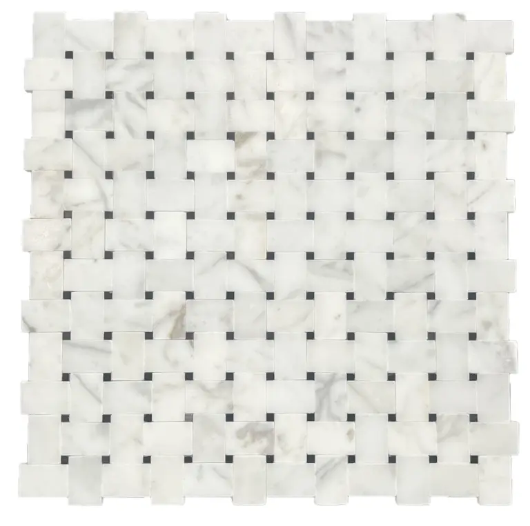 White marble tile pattern forming a woven grid with small dark gaps between tiles.