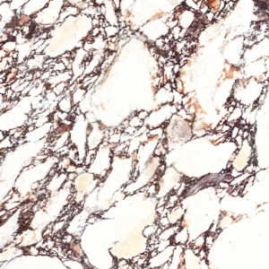 Close-up of white marble with dark brown and beige veining.
