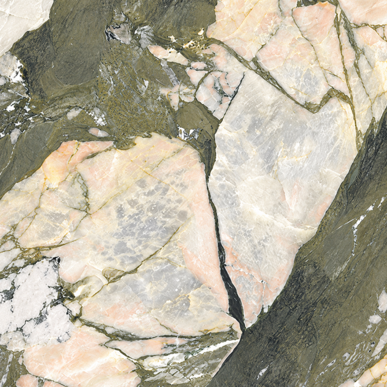Close-up of pink, gray, and white marble with dark green veins and cracks