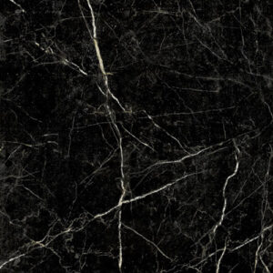 Close-up of a black marble surface with white veins running through it in irregular patterns.