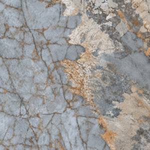 Close-up of a gray marble surface with orange-brown veins and weathered beige patches.
